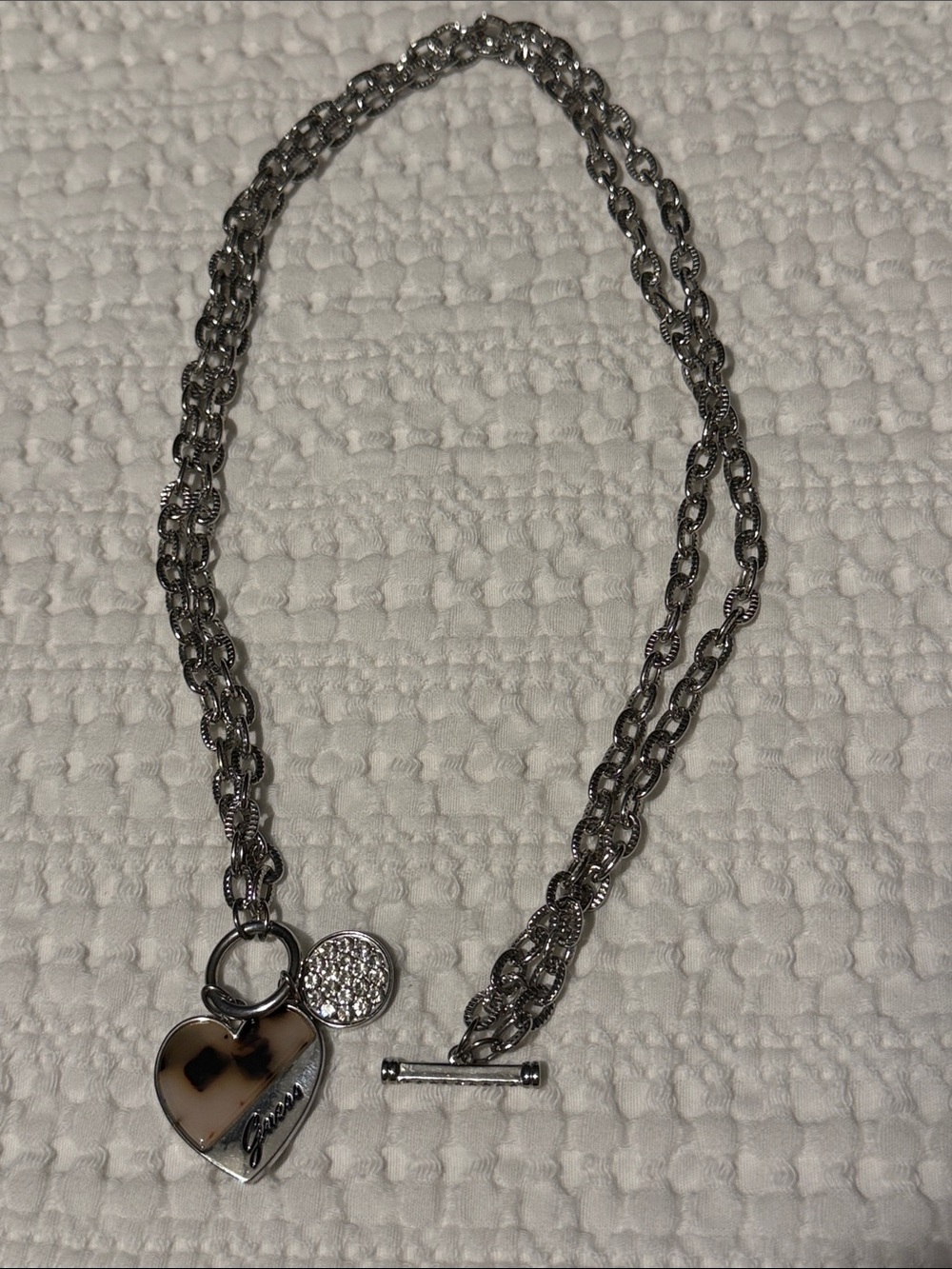 Guess Silver-Tone Double Chain Necklace with Tortoiseshell Heart Accent